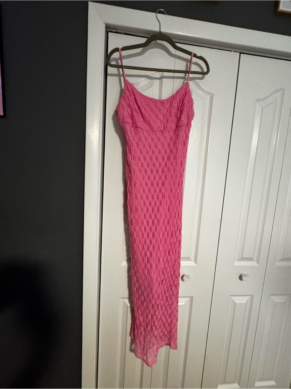 Pink Crochet Maxi Dress with Spaghetti Straps